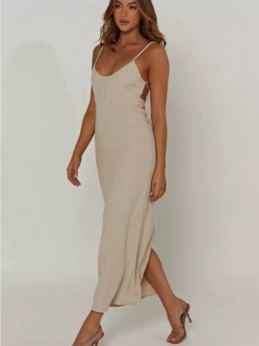 Meshki Beige Maxi Linen Dress with Spaghetti Straps - never worn